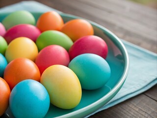 Colorful Easter Eggs on a Teal Plate for Spring Festivities and Celebrations, Perfect for Seasonal Decorations and Holiday Promotions with Copy Space for Text or Graphics