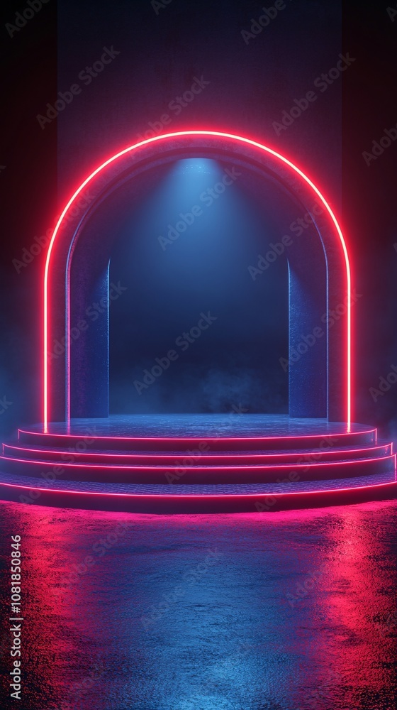 Fototapete Circular neon-lit stage with sharp light beams creating a teleportation device effect against a dark foggy setting with side empty space for text Stockphoto style