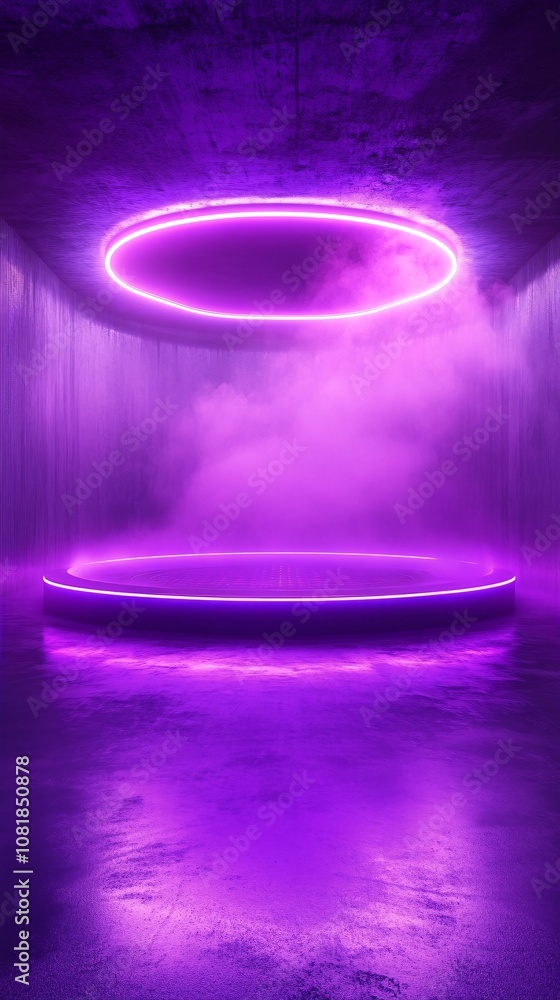 Fototapete Circular neon-lit stage with sharp light beams creating a teleportation device effect against a dark foggy setting with side empty space for text Stockphoto style