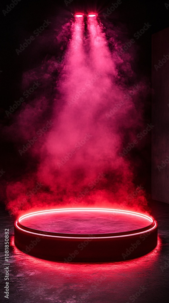 Fototapete Circular neon-lit stage with sharp light beams creating a teleportation device effect against a dark foggy setting with side empty space for text Stockphoto style