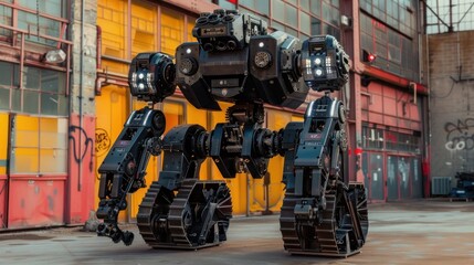 Fototapeta premium A large, black, futuristic robot with tracks stands in front of an industrial building.