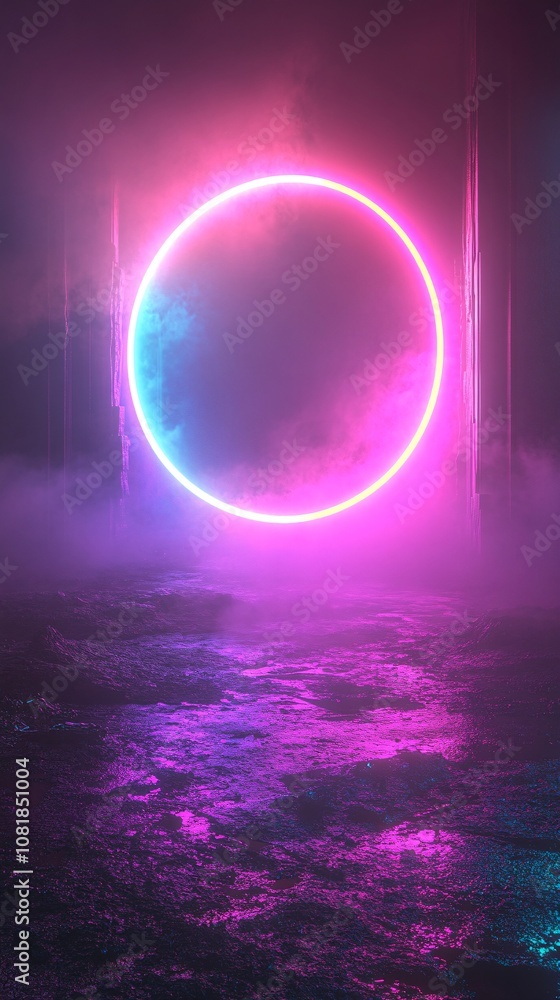 Poster Circular neon-lit stage with sharp light beams creating a teleportation device effect against a dark foggy setting with side empty space for text Stockphoto style