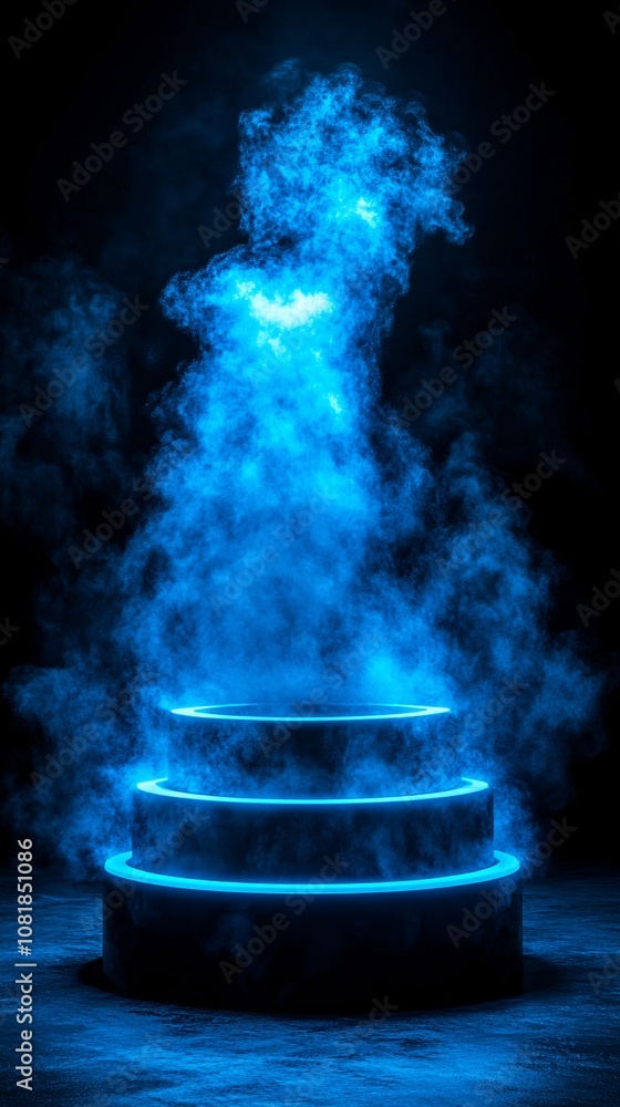 Aufkleber stacked platforms with neon blue highlights and vertical beams in a smoky black background evoking f