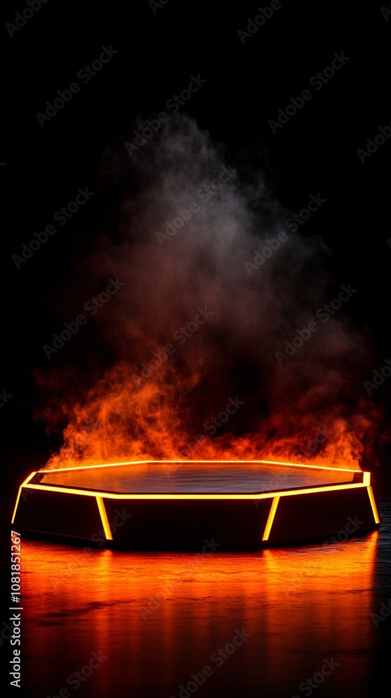 Poster radiant neon pentagon platform with vertical beams and smoky atmosphere set against a pitch-black ba