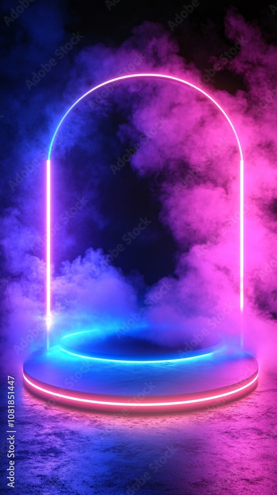 Aufkleber Circular neon platform with vibrant pink and blue beams rising in a dense foggy environment representing futuristic technology with side empty space for text Stockphoto style