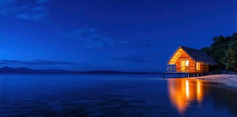 Charming beach hut nestled on a tranquil remote island, perfect for relaxation and escape into nature.