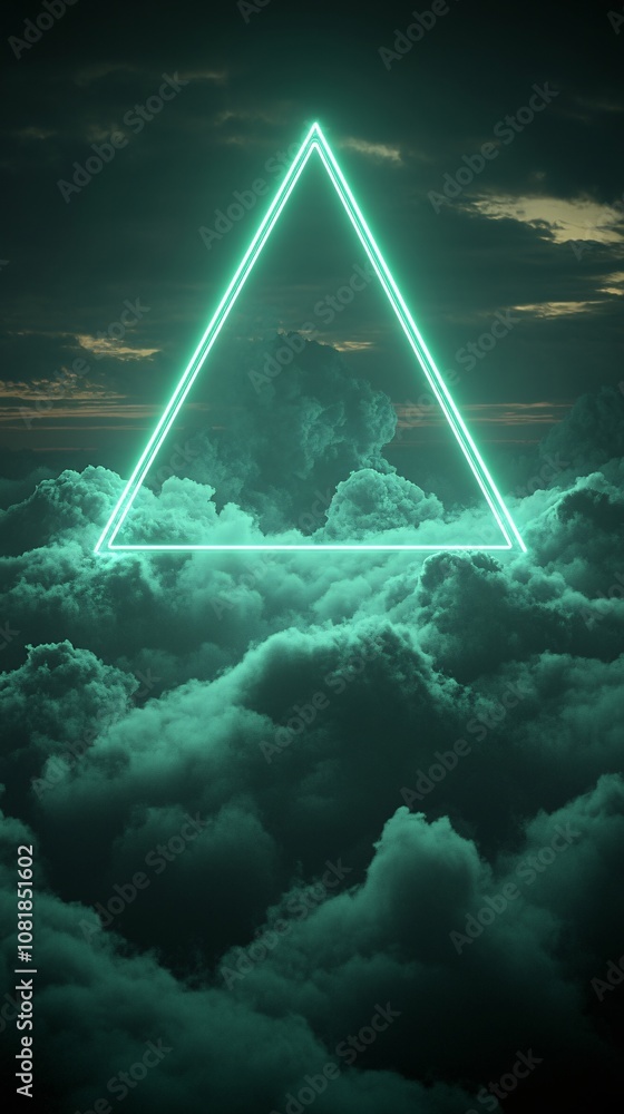 Poster Futuristic triangular neon-lit podium with intense vertical beams and a black misty backdrop for a sci-fi teleportation scene with side empty space for text Stockphoto style