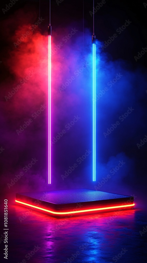 Leinwandbilder high-tech platform with neon edges and rising light beams in dark foggy setting creating a sleek sci