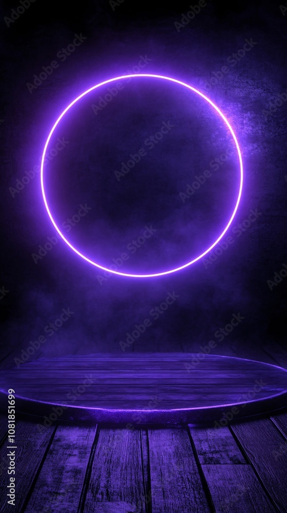 Poster Multi-layered circular neon platform with beams extending upward in purple and blue hues in a smoky black background resembling a sci-fi portal with side empty space for text Stockphoto style