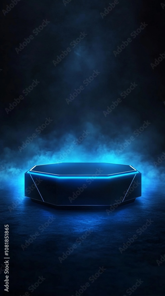 Poster Bright neon pentagon podium with misty beams rising against a foggy black background conveying a high-tech sci-fi display space with side empty space for text Stockphoto style