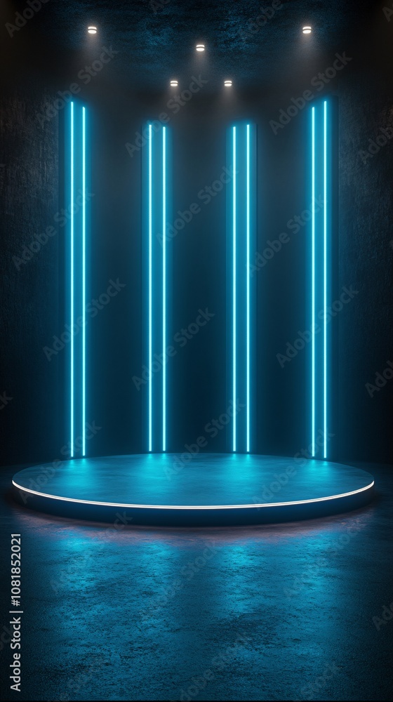 Aufkleber Luminous circular stage with blue neon lights and vertical beams in a dark setting creating a sci-fi teleportation vibe with side empty space for text Stockphoto style