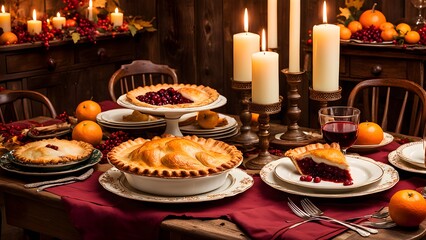 Fototapeta premium A rustic table setting for a Thanksgiving dinner with a variety of pies, candles, fruit and a glass of wine.