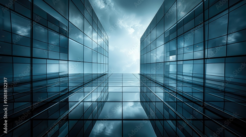 Poster modern corporate building with mirrored surfaces and sharp lines