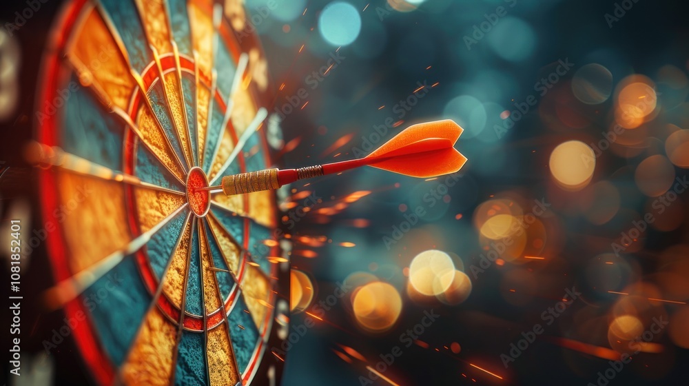 Poster a red dart hits the bullseye of a dartboard with a blurred background of lights.