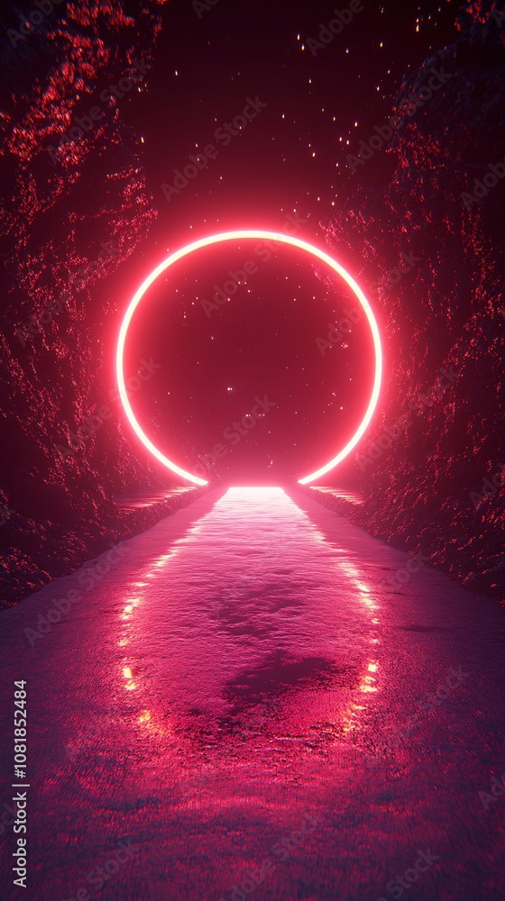 Poster elliptical neon-lit stage with vibrant beams in a dark mist-filled environment resembling a futurist