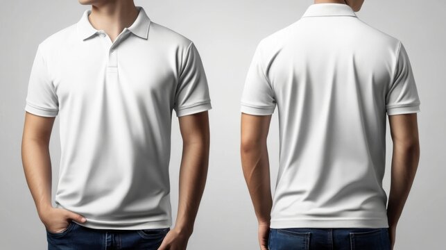 Male model in white polo t-shirt mock-up. Polo shirt design template. Blank tee for printing.