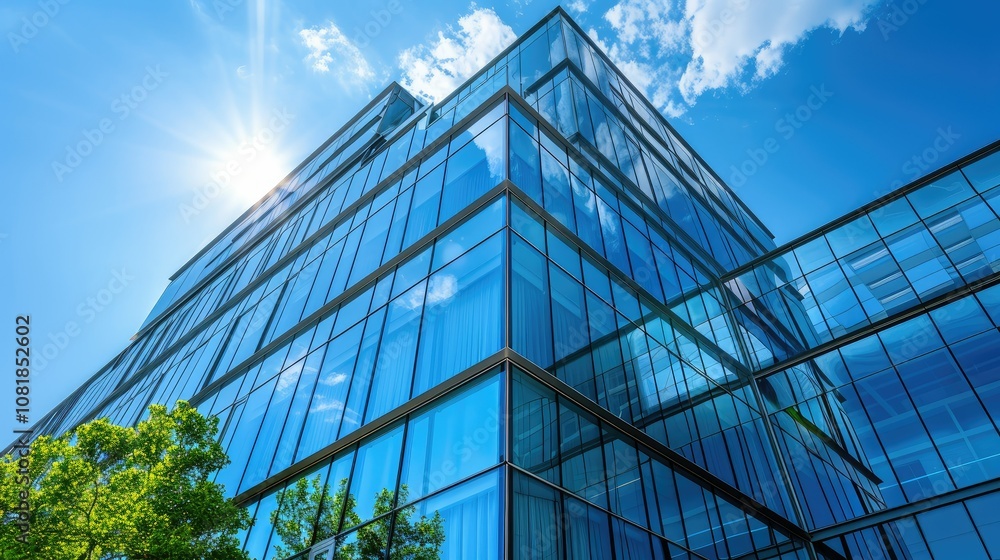 Poster modern corporate building with mirrored surfaces and sharp lines