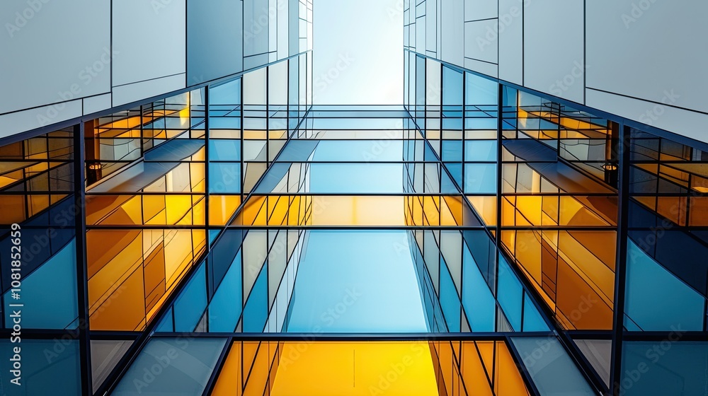 Poster modern corporate building with mirrored surfaces and sharp lines