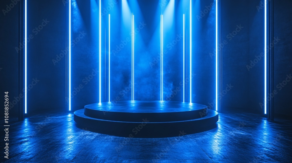 Poster Neon-lit geometric platform with a sleek black stage surrounded by vertical beams of light creating a futuristic and high-tech ambiance with side empty space for text Stockphoto style