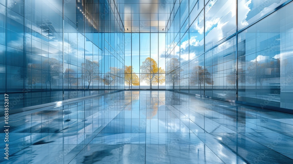 Poster modern corporate building with mirrored surfaces and sharp lines