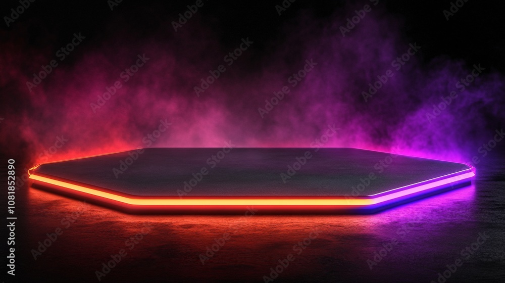 Fototapete Gleaming hexagonal platform with vibrant neon edges against a misty black backdrop for a sci-fi display scene with side empty space for text Stockphoto style