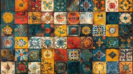 A vibrant mural-style background showcasing Aztec sun symbols, Japanese floral patterns, and Moroccan tile work, blending global heritage influences into a cohesive visual.
