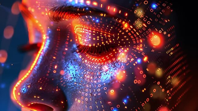 A close-up of a face with digital patterns and glowing binary code overlaid, creating a futuristic, tech-inspired look.