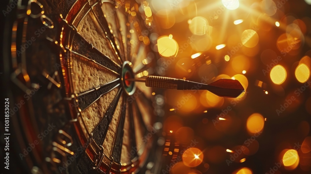 Poster a dartboard with a dart in the center bullseye, with a blurry background of golden bokeh lights.