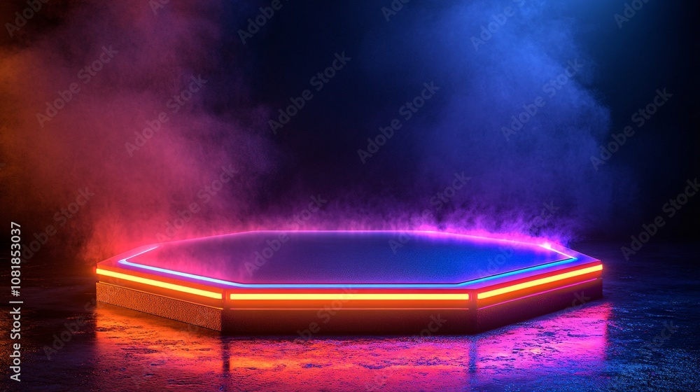 Sticker Gleaming hexagonal platform with vibrant neon edges against a misty black backdrop for a sci-fi display scene with side empty space for text Stockphoto style