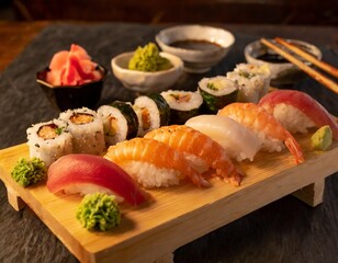 Traditional Japanese Sushi Platter With Fresh Sashimi, Nigiri, and Rolls, Beautifully Presented on a Wooden Board With Pickled Ginger, Wasabi, and Soy Sauce