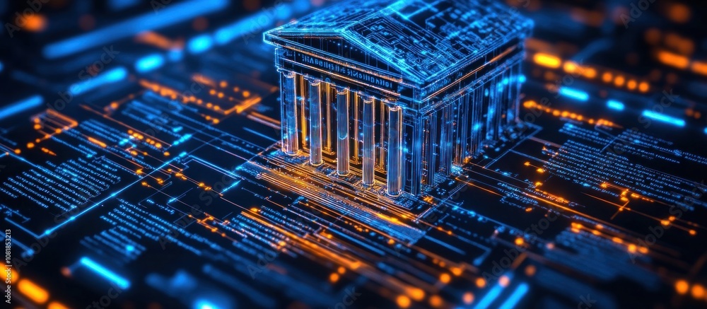 Poster a 3d digital rendering of a bank building on a circuit board.