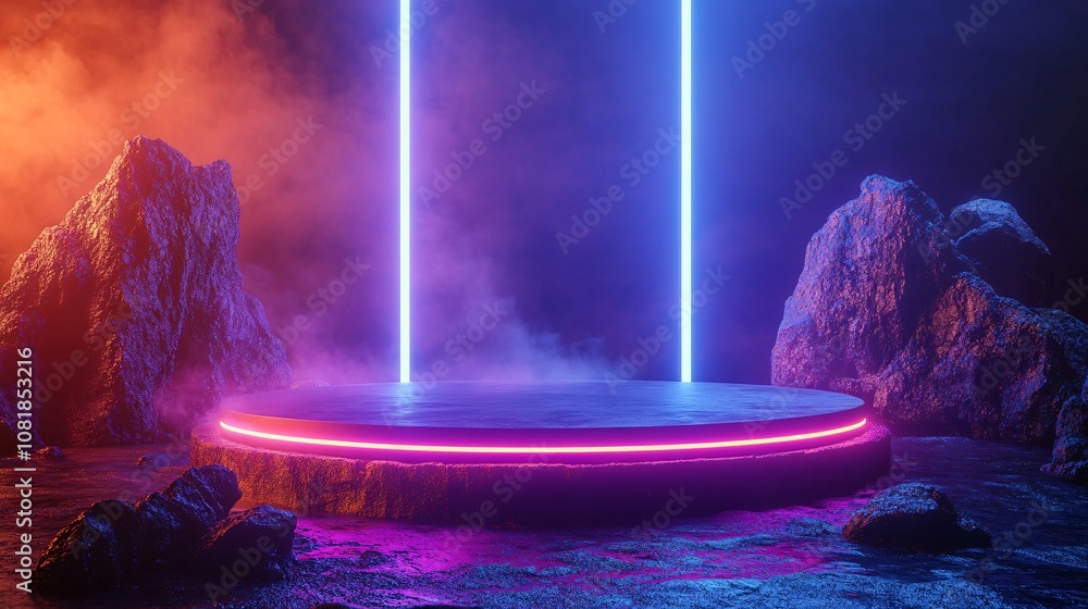 Poster circular neon-lit podium with blue and purple beams rising vertically from the edges and a smoky atm