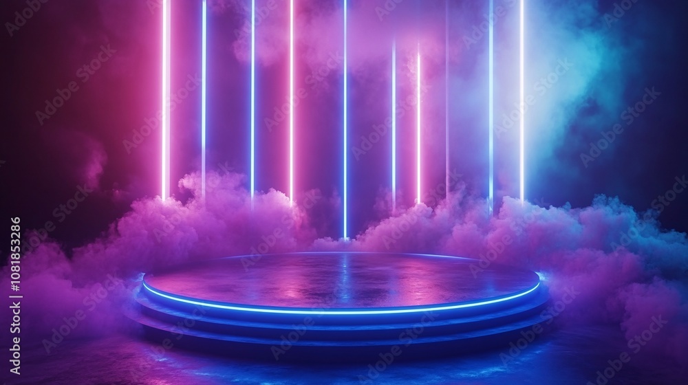 Poster circular neon-lit podium with blue and purple beams rising vertically from the edges and a smoky atm