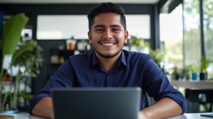 Fototapeta premium Smiling Latin IT Software Engineer at Desk, Front View, Focused on Laptop.