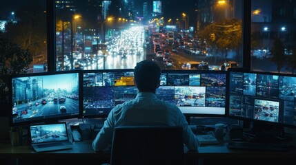 Big Data Engineer at Work in Modern Office with CCTV Footage and Traffic Scene, Monitoring Technology Usage