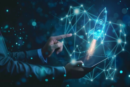 Digital rocket launch. Business innovation, growth, and digital transformation concept.  A symbol of progress and success.