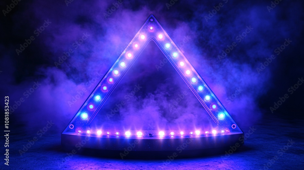 Aufkleber Futuristic triangular platform emitting radiant neon lights with a dark foggy backdrop adding a sci-fi teleportation vibe with side empty space for text Stockphoto style