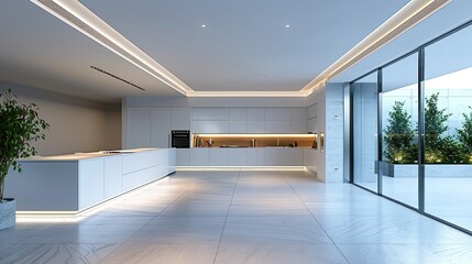 3D-rendered minimalist kitchen with sleek lines and empty counter space