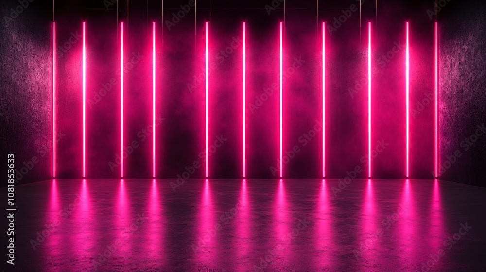 Aufkleber Geometric display stage with pulsating neon lights and glowing vertical beams against a pitch-black background conveying a high-tech sci-fi aura with side empty space for text Stockphoto style