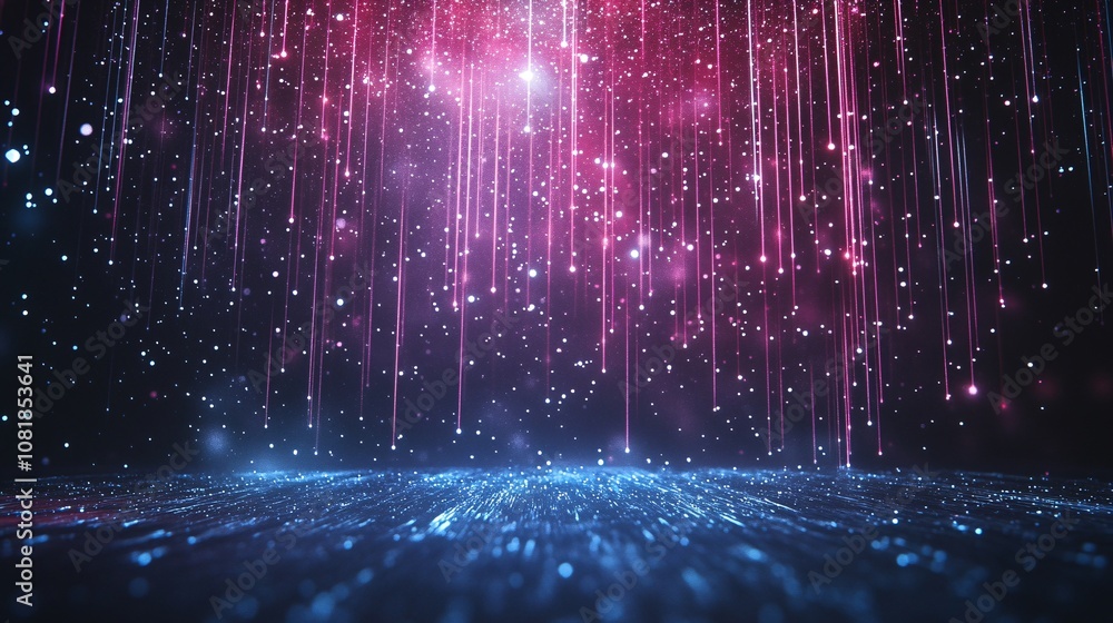 Aufkleber Geometric display stage with pulsating neon lights and glowing vertical beams against a pitch-black background conveying a high-tech sci-fi aura with side empty space for text Stockphoto style