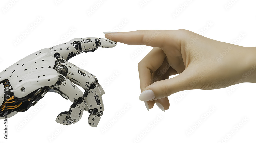 Poster a robot hand is touching a human hand. concept of connection and unity between humans and technology