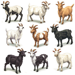 A variety of cartoon goats in different colors and poses arranged in a grid on a white background
