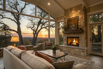 Obraz premium Cozy Double Exposure Living Room Scene with Fireplace, Warm Lighting, and Plush Sofas, Blending Comfort and Serenity in a Home Environment for Relaxation and Family Gatherings