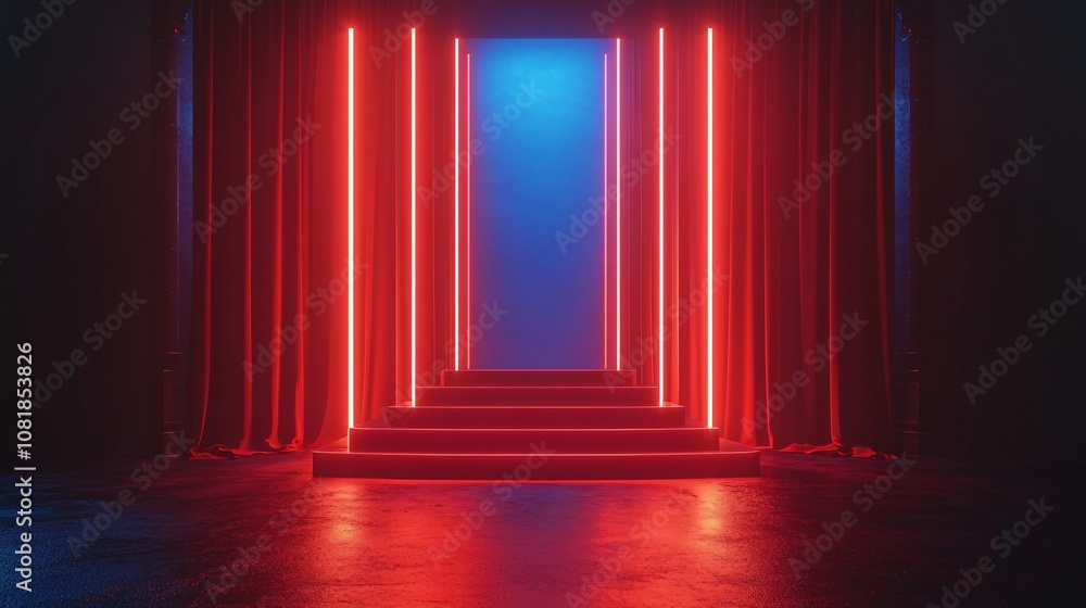 Leinwandbilder geometric display stage with pulsating neon lights and glowing vertical beams against a pitch-black 
