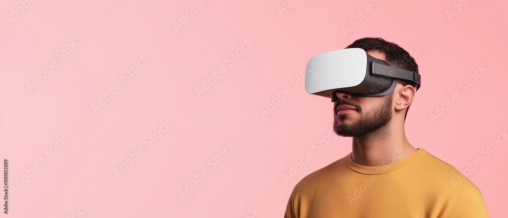 Poster man immersed in a surreal virtual reality landscape, exploring the depths of artificial intelligence