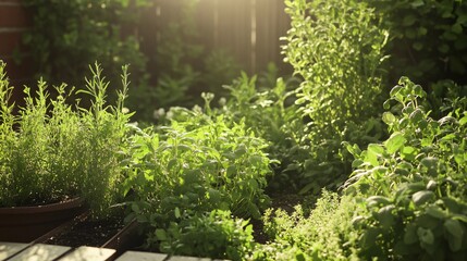 110.A calming scene of an organic herb garden, with green plants arranged in an orderly layout. The soft lighting and abundance of fresh, healthy herbs create an inviting and tranquil environment.