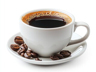 A cup of coffee with beans on a saucer. Perfect for illustrating coffee, caffeine, and breakfast.