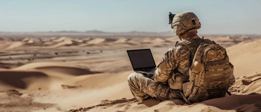 American soldier using laptop and radio for communication in desert military operation.