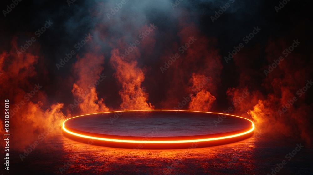 Aufkleber Octagonal platform with soft neon lights around the edges and beams illuminating vertically in a smoky black environment with side empty space for text Stockphoto style