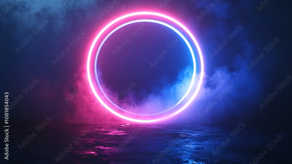 Poster Neon blue and pink circular platform with sharp beams of light extending upward creating a teleportation device effect in a dark misty scene with side empty space for text Stockphoto style